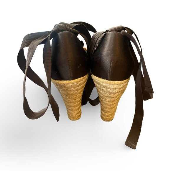 J VINCENT Beaded Brown Open Toe Platform Espadrille Woven Jute Wedge Sz 6 - Picture 3 of 6